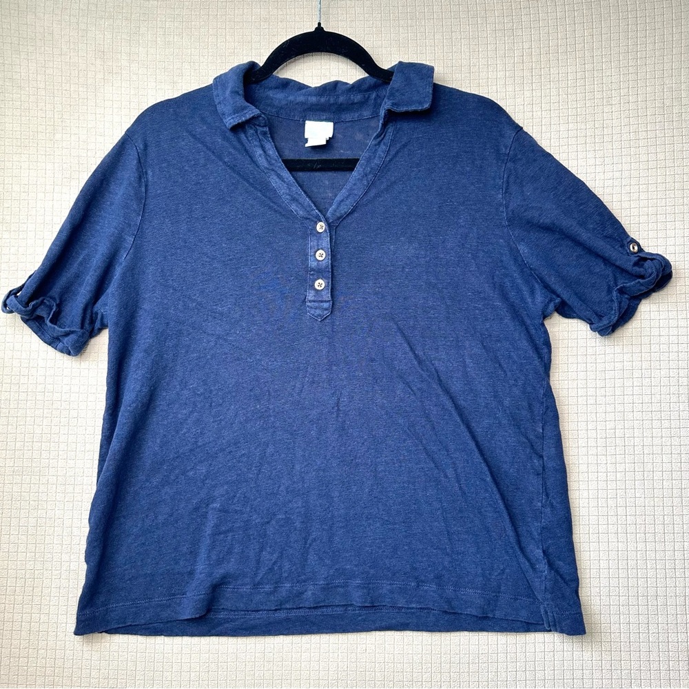 Chicos Womens Short Sleeve 100% Linen Top Size L 2 Blue Collared Roll Tab Button